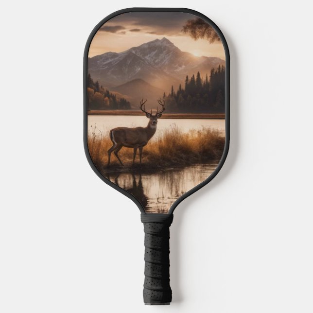 Huge Racked Deer on Mountain Lake Pickleball Paddle (Front)