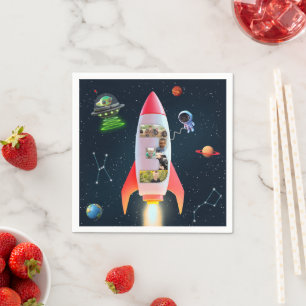 Huge Three with Photos 3rd Birthday Rocket Space Napkin