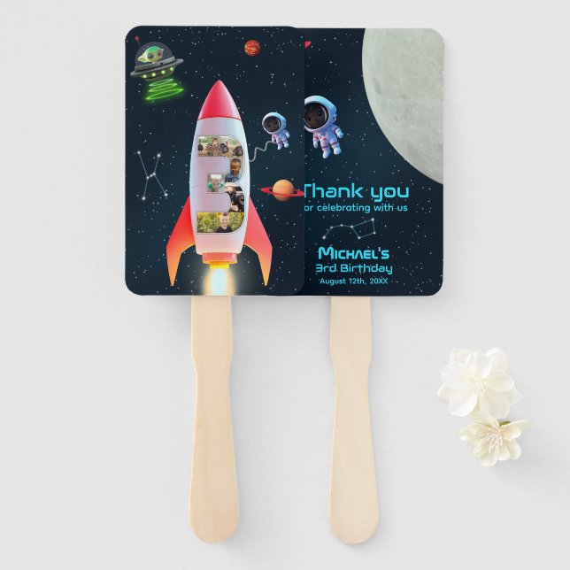 Huge Three with Photos | Space Rocket 3rd Birthday Hand Fan (Front and Back)
