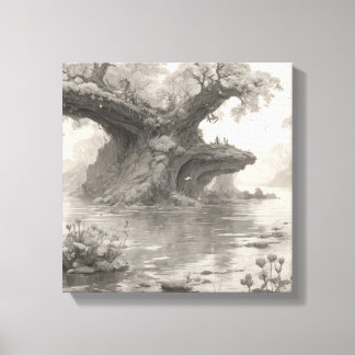 Huge Trees Forest & Lake Pencil Sketch Art Canvas Print