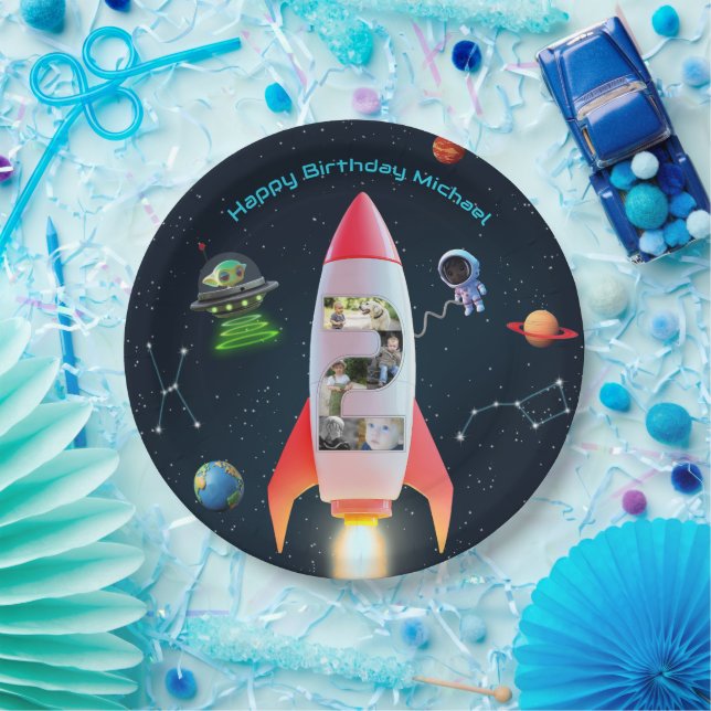 Huge Two Photo Collage | Space Rocket 2nd Birthday Paper Plate (Party)