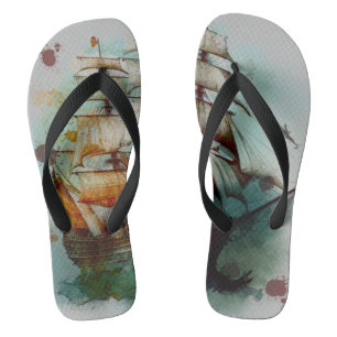 Huge watercolor pirate ship sails on the sea flip flops