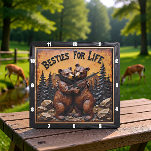 Hugging Bears Dark Forest Square Wall Clock