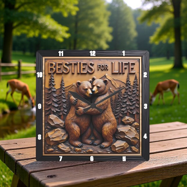 Hugging Bears Forest Brown Square Wall Clock (Creator Uploaded)