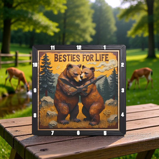 Hugging Bears Sunset Forest Square Wall Clock (Creator Uploaded)