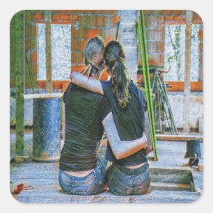 Hugging friends square sticker