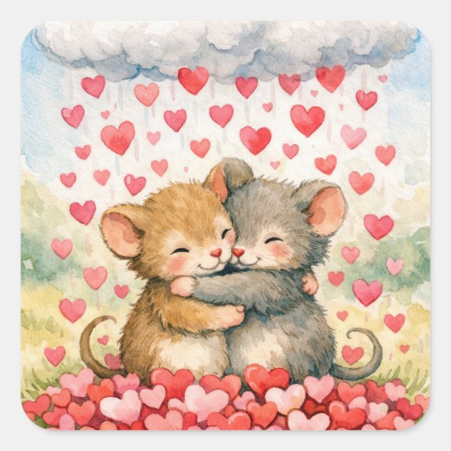 Hugging Mice Under a Cloud of Hearts Square Sticker (Front)
