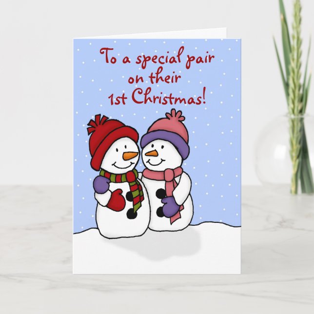 Hugging snowmen twins Christmas card (Front)