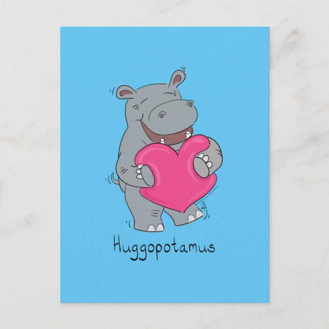 Huggopotamus Valentine's Day Hippo Postcard Blue (Front)