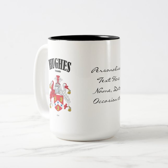 Hughes Family Crest, Translation & Meaning Two-Tone Coffee Mug (Front Left)