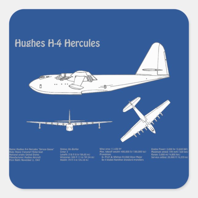 Hughes H-4 Hercules Spruce Goose - Aeroplane Plans Square Sticker (Front)