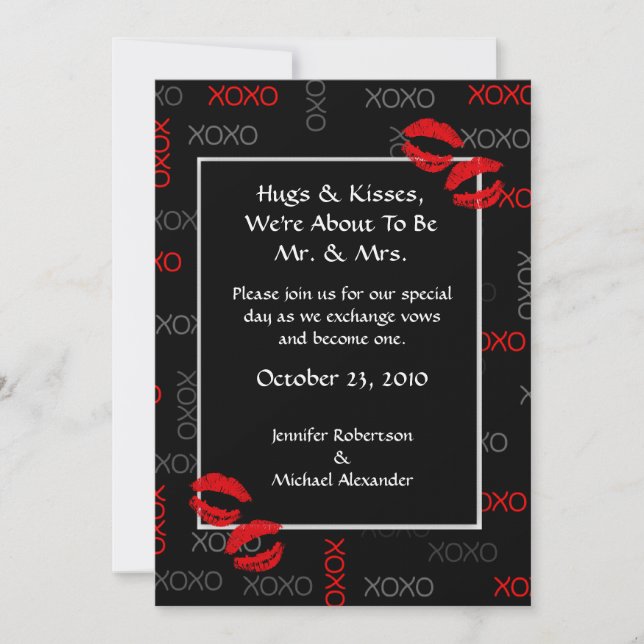 Hugs and Kisses Black Red Wedding Invitations (Front)