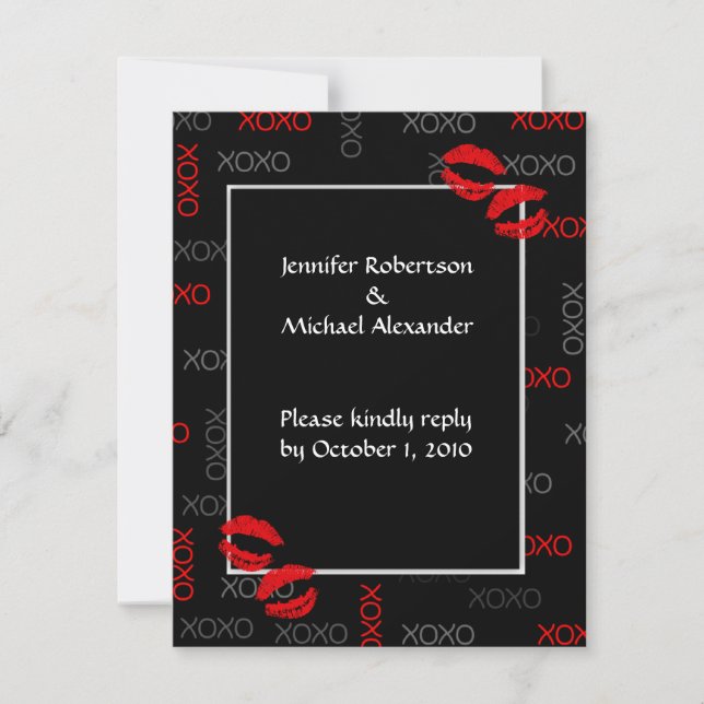 Hugs and Kisses Black Red Wedding Response Cards (Front)