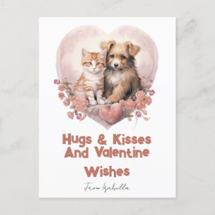 Hugs and Kisses Cat Dog Valentines Pink Card