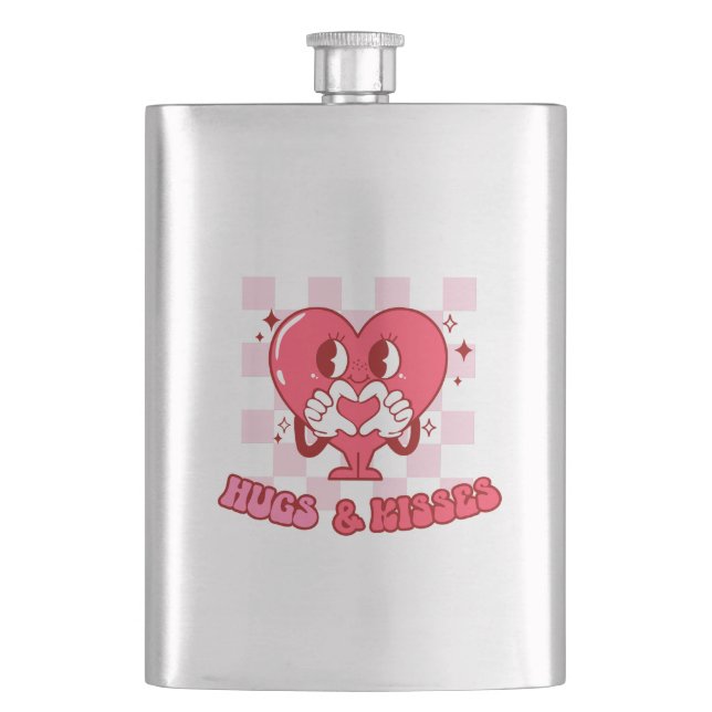 "Hugs and Kisses" | Cute & Loving Pink Heart Hip Flask (Front)