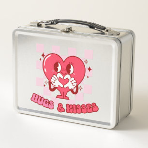 "Hugs and Kisses" Cute & Loving Pink Heart Metal Lunch Box