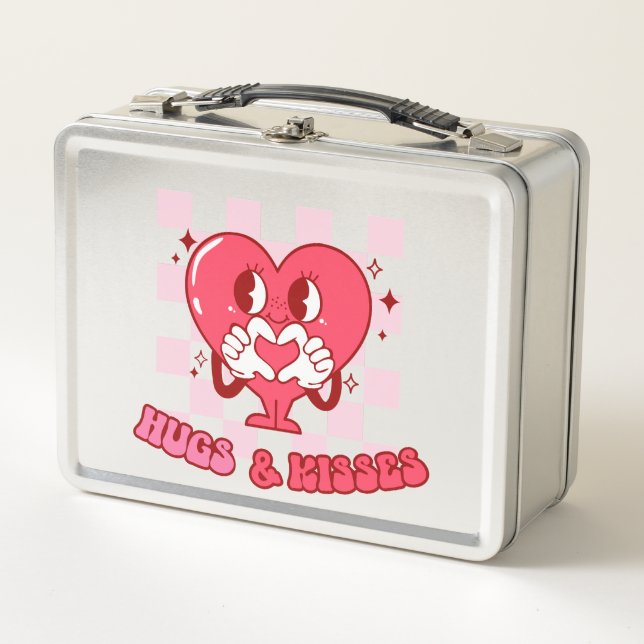 "Hugs and Kisses" | Cute & Loving Pink Heart Metal Lunch Box (Front)