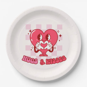 "Hugs and Kisses"   Cute & Loving Pink Heart Paper Plate