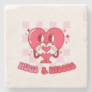 "Hugs and Kisses" Cute & Loving Pink Heart Stone Coaster