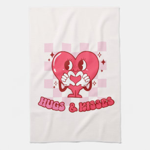 Hugs and Kisses Cute Pink Heart Love Tea Towel