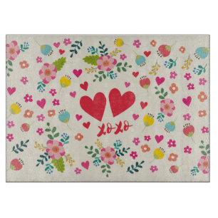 Hugs and Kisses - Flowers and Hearts Cutting Board