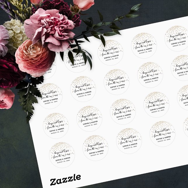 Hugs and Kisses from the Mr & Mrs Gold Confetti Classic Round Sticker (Creator Uploaded)
