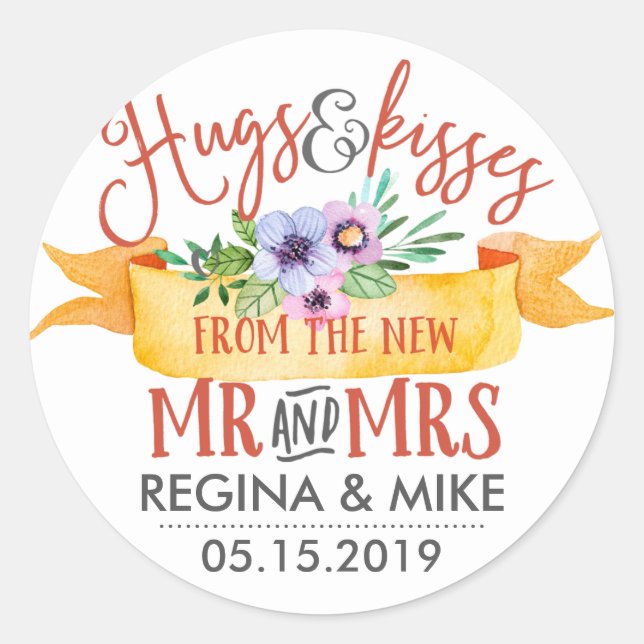 Hugs and Kisses From The New Mr and Mrs Floral Classic Round Sticker (Front)