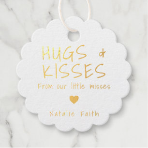 Hugs and Kisses Heart Cute Girl Baby Shower Gold Favour Tags