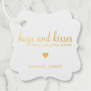 Hugs and Kisses Heart Gold Foil Boy Baby Shower Favour Tags