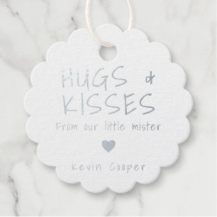 Hugs and Kisses Heart Silver Foil Boy Baby Shower Favour Tags