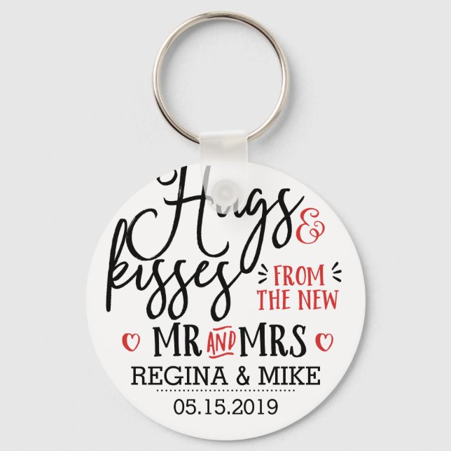 Hugs and Kisses New Mr and Mrs Handwriting Scipt Key Ring (Front)