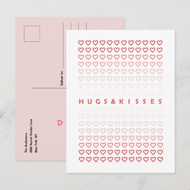 Hugs and Kisses Pink Hearts Valentine's Day Postcard (Front/Back)