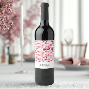 Hugs and Kisses Pink Red Galentine XOXO Girlfriend Wine Label
