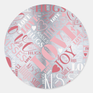 Hugs and Kisses Word Cloud Pink/Silver ID286 Classic Round Sticker