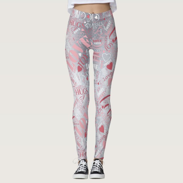 Hugs and Kisses Word Cloud Pink/Silver ID286 Leggings (Front)