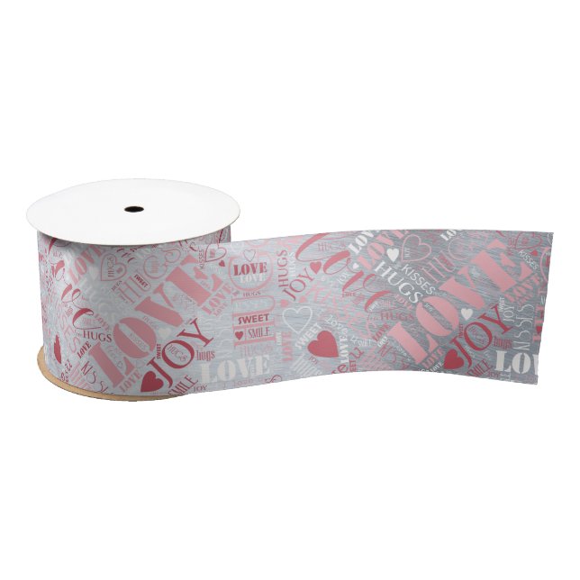 Hugs and Kisses Word Cloud Pink/Silver ID286 Satin Ribbon (Spool)