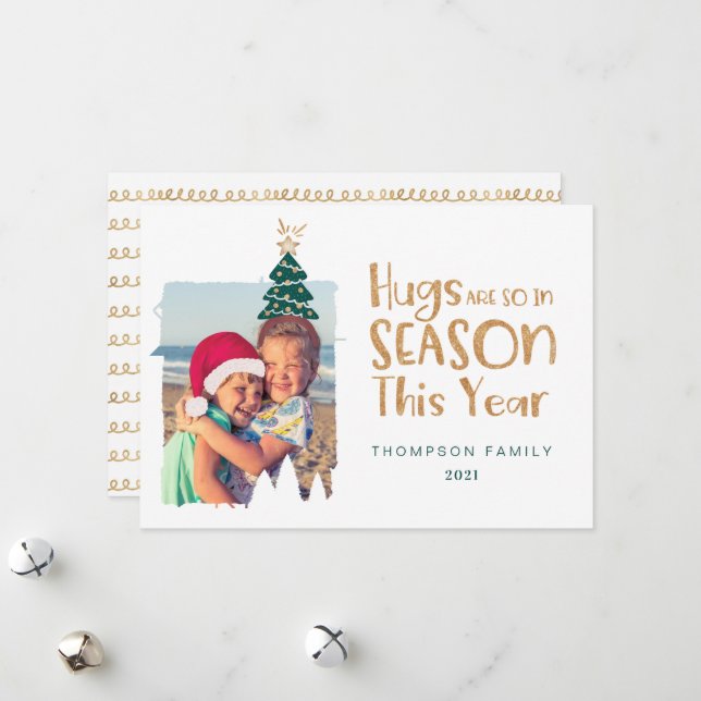 Hugs Are Season Christmas Tree & Santa Hat Photo Holiday Card (Front/Back In Situ)