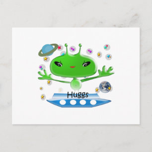 Hugs Cute Green Outer Space Aliens with Space Ship Postcard