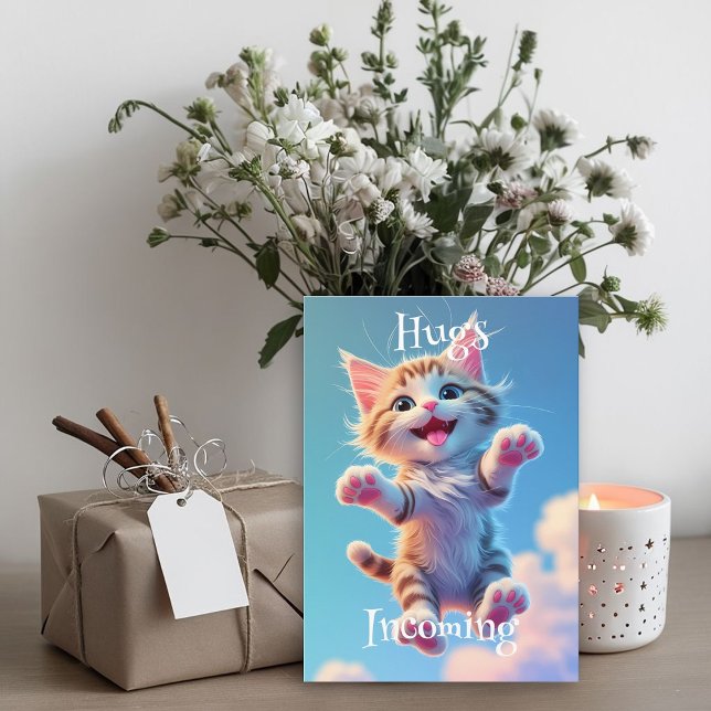 Hugs Incoming Cute Flying Tabby Kitten Birthday Card (Creator Uploaded)