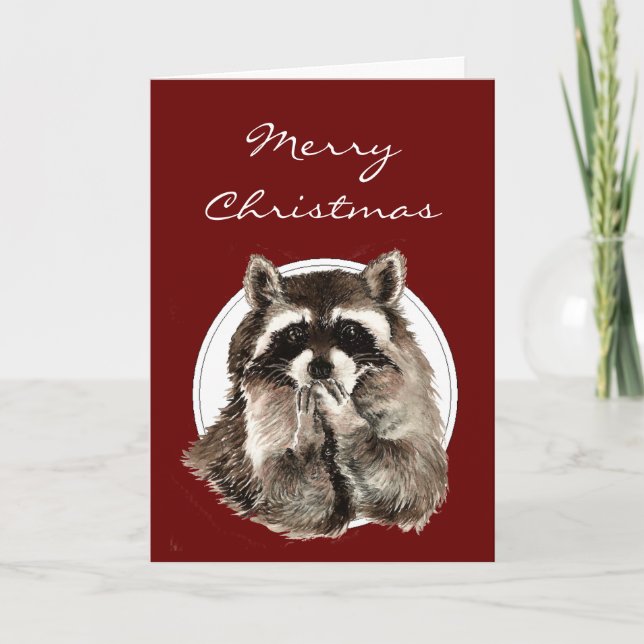 Hugs & Kisses Christmas Wishes with Cute Raccoon Holiday Card (Front)