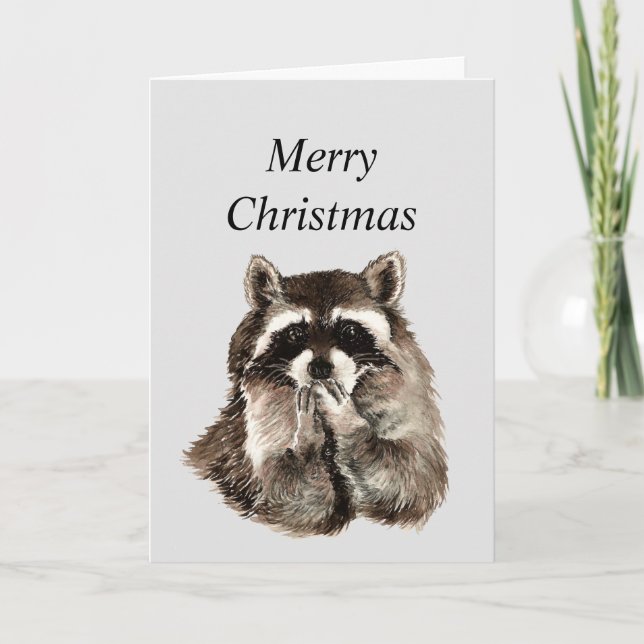 Hugs & Kisses Christmas Wishes with Cute Racoon H Holiday Card (Front)
