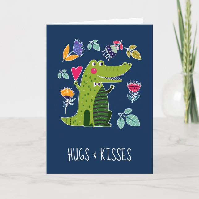 Hugs & Kisses. Funny Crocodile Valentine's Day Holiday Card (Front)