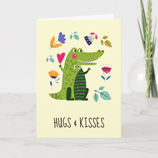 Hugs & Kisses. Funny Crocodile Valentine's Day Holiday Card (Front)