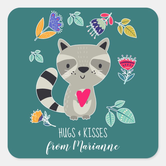 Hugs & Kisses Funny Racoon Custom Valentine's Day Square Sticker (Front)