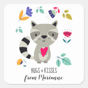Hugs & Kisses Funny Racoon Valentine's Day Square Sticker
