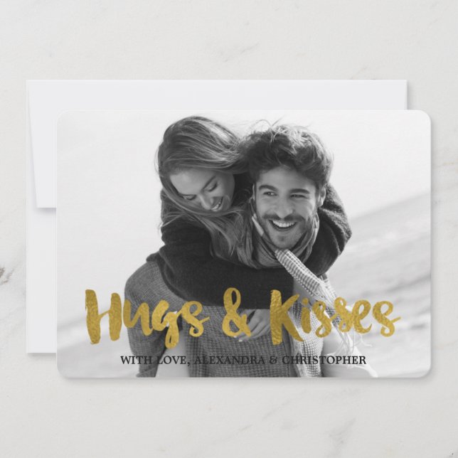 Hugs & Kisses Gold Foil Valentine's Day Photo Holiday Card (Front)