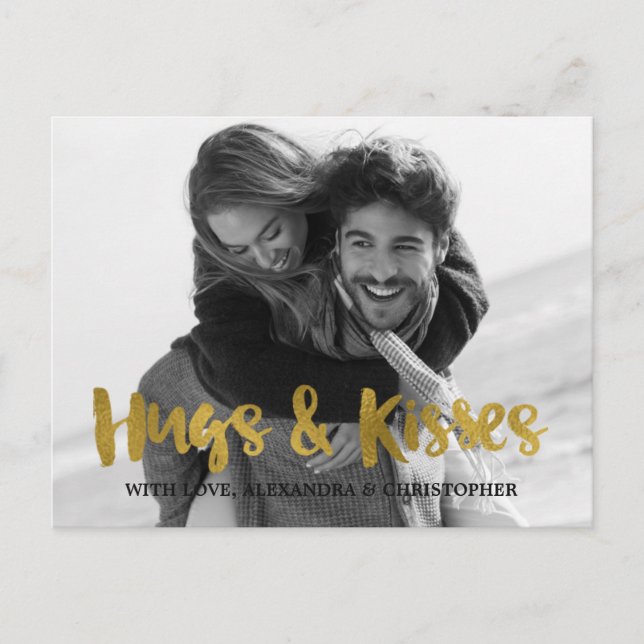 Hugs & Kisses Gold Foil Valentine's Day Photo Holiday Postcard (Front)