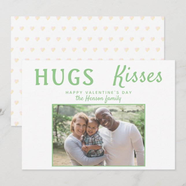 Hugs & Kisses Green Valentine`s Day Photo Card (Front/Back)