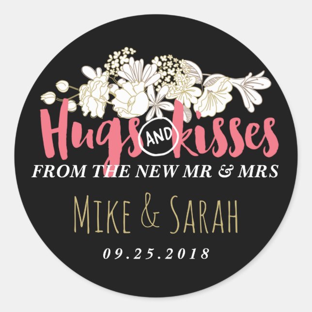 Hugs Kisses Mr and Mrs Floral Wedding Sticker (Front)