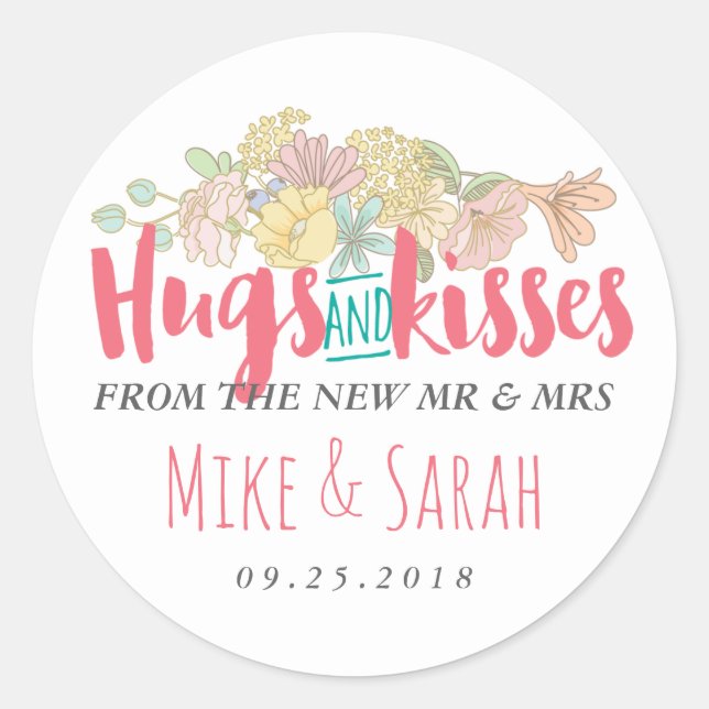 Hugs Kisses Mr Mrs Floral Wreath Wedding Sticker (Front)